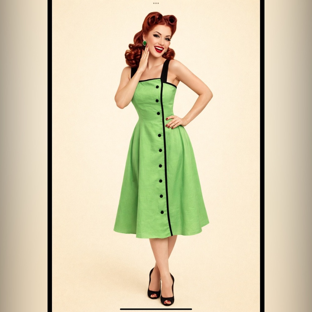 Vintage 90s Sia Bellini Green Ramie Button Front Dress | Mod Retro A-Line 9/10 - Picture 2 of 16
